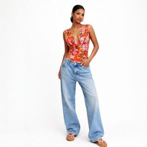 Zara Red Floral Deep V Bodysuit Tropical High Waist Top Size Small NWT